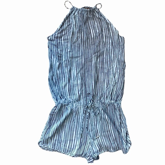 Lulu’s Ivory Navy Blue Striped Halter Fortuitous Romper - Picture 1 of 9